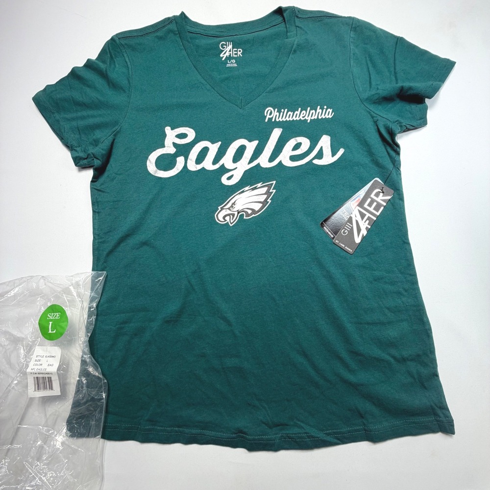 GIII 4Her Philadelphia Eagles V Neck Tee Green Women's Large NWT